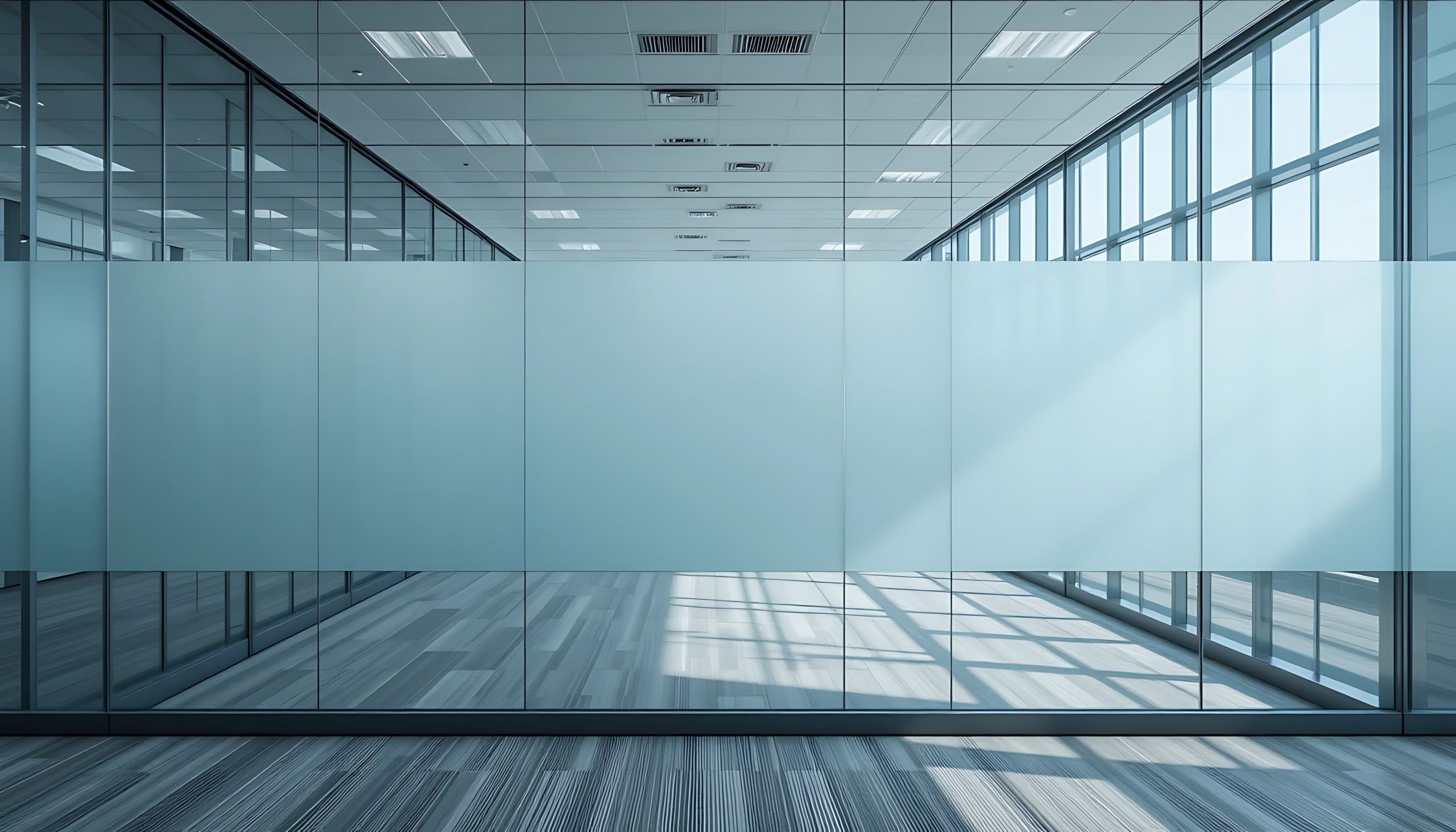Contemporary office interior with frosted glass panel and sunlight