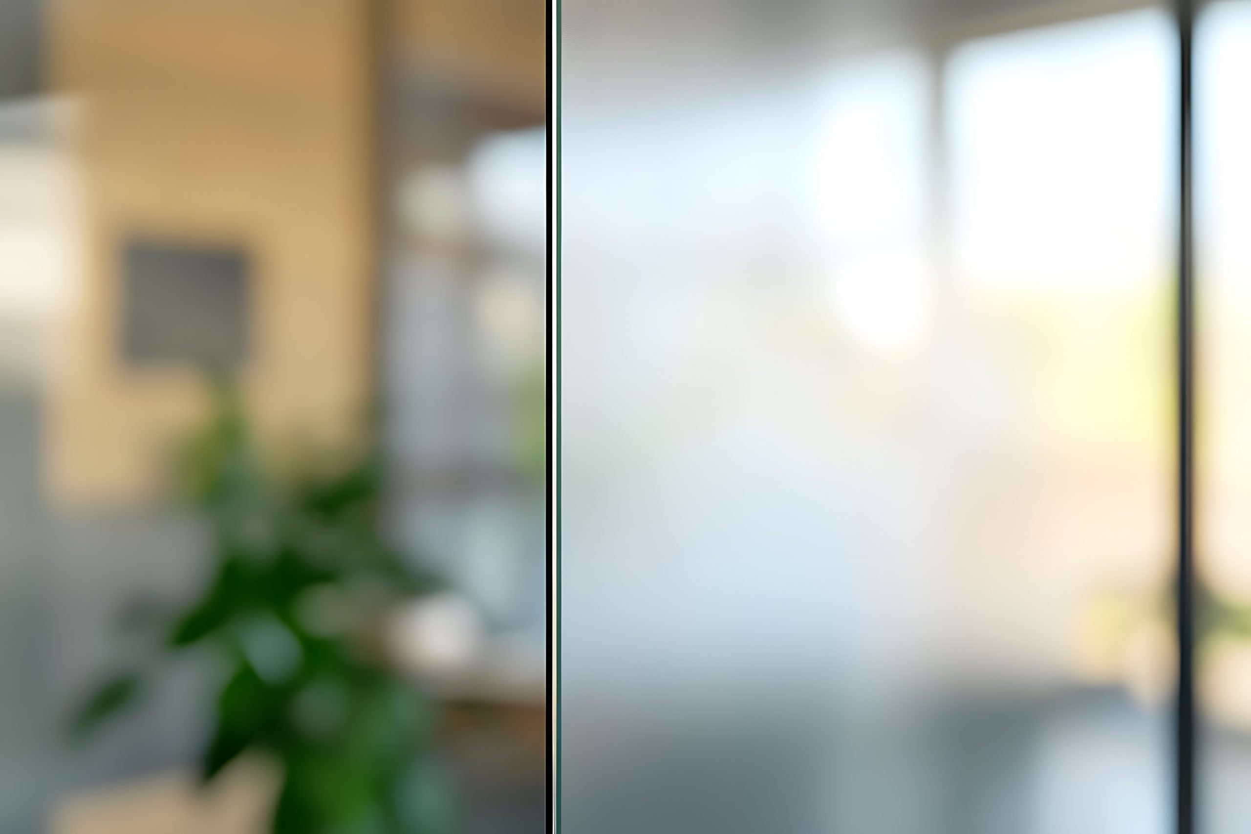 Abstract Interior Scene with Frosted Glass and Blurred Plant View