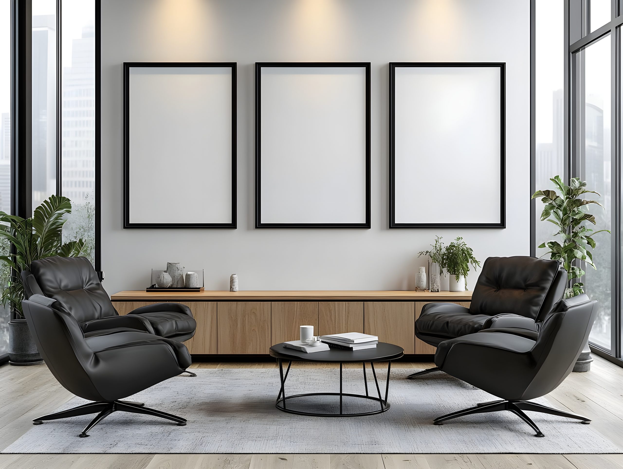 Blank white poster mockup in a modern living room with minimalist decor and clean lines. 3d rendering