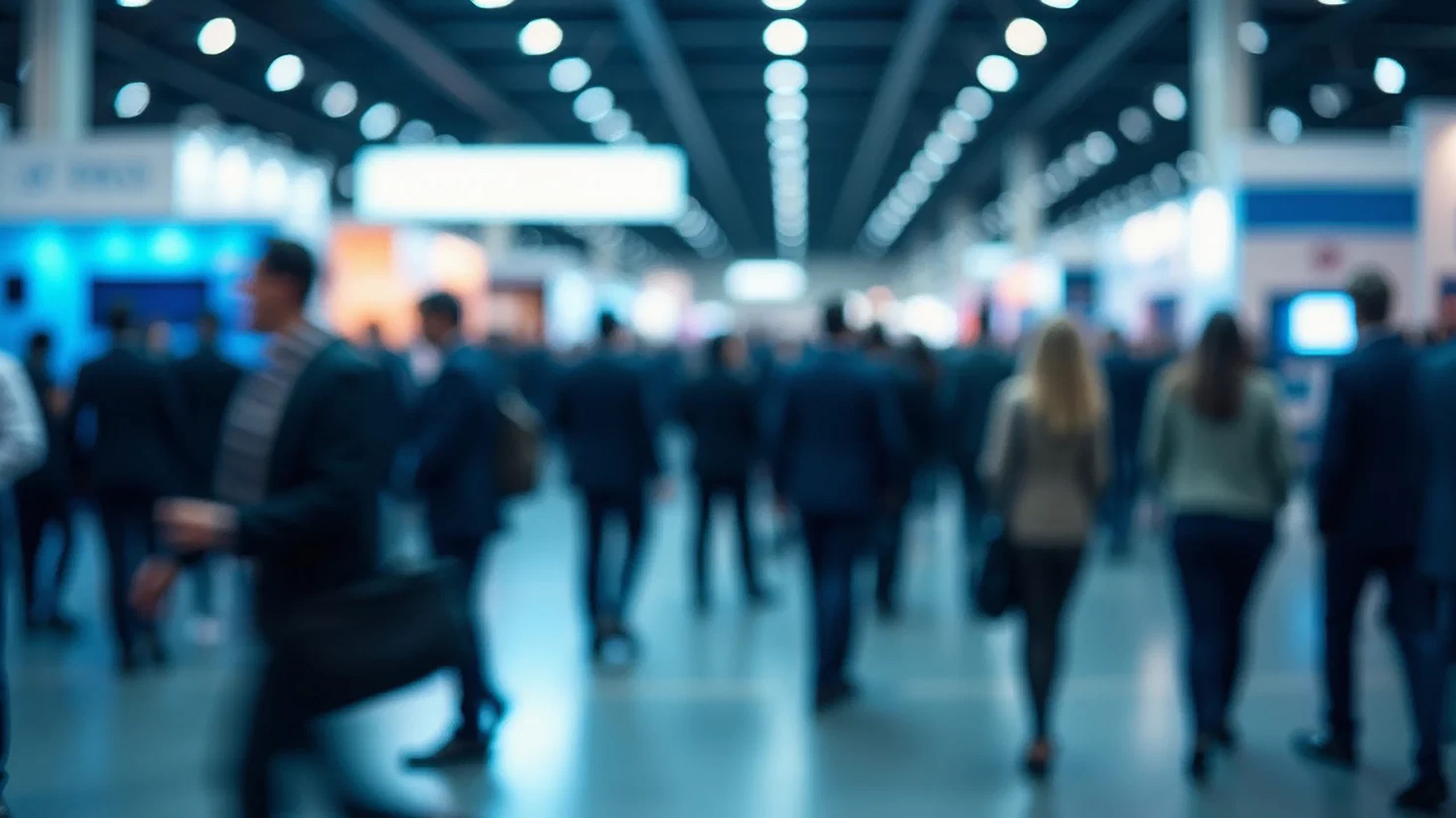 Blurred abstract people in expo event trade show exhibition hall. Business convention or job fair. Business concept background, 16:9 widescreen, 300 dpi, with free space for text