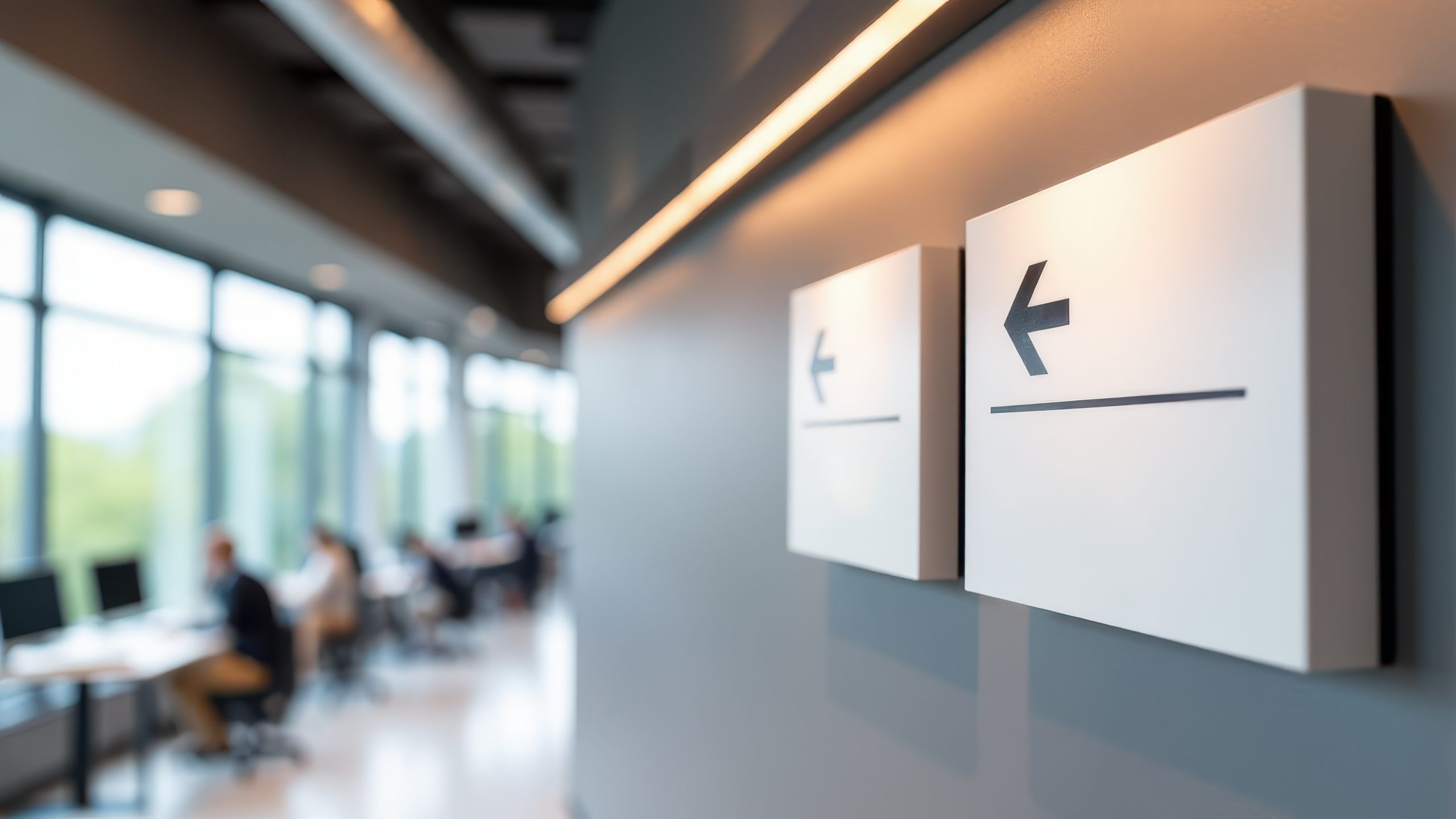 A well lit indoor wayfinding signs mockup with easy to read signs, perfect for presenting wayfinding design ideas for indoor environments.
